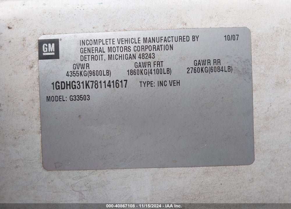 2008 GMC SAVANA CUTAWAY WORK VAN VIN: 1GDHG31K781141617