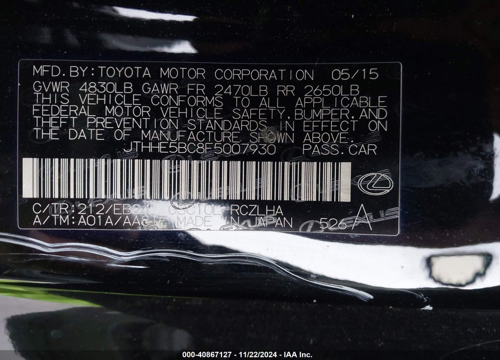 2015 LEXUS RC 350 VIN: JTHHE5BC8F5007930