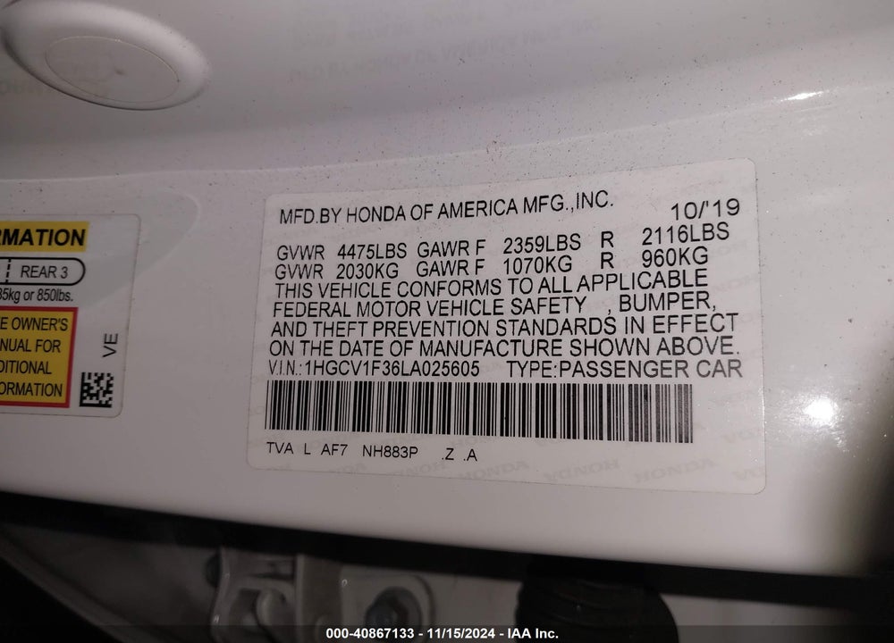 2020 HONDA ACCORD SPORT VIN: 1HGCV1F36LA025605