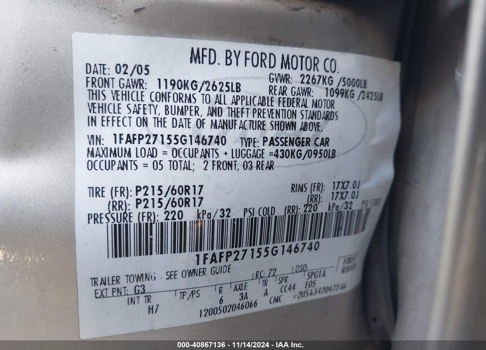 2005 FORD FIVE HUNDRED SEL VIN: 1FAFP27155G146740
