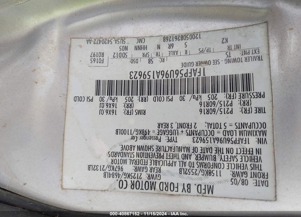 2006 FORD TAURUS SEL VIN: 1FAFP56U96A159623