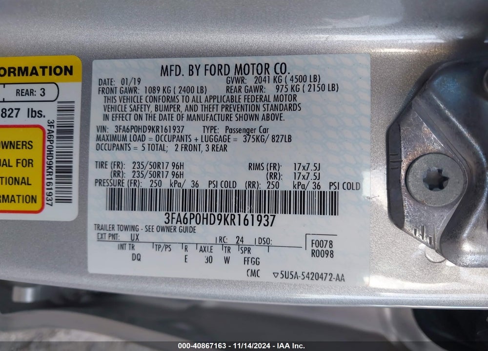 2019 FORD FUSION SE VIN: 3FA6P0HD9KR161937