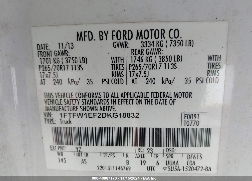 2013 FORD F-150 XL VIN: 1FTFW1EF2DKG18832