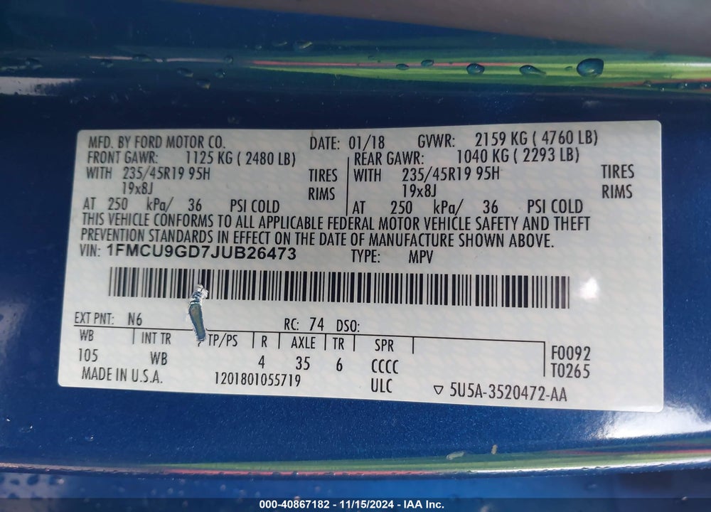 2018 FORD ESCAPE SE VIN: 1FMCU9GD7JUB26473
