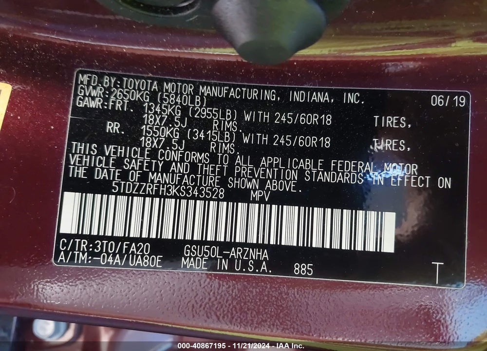 2019 TOYOTA HIGHLANDER LE PLUS VIN: 5TDZZRFH3KS343528
