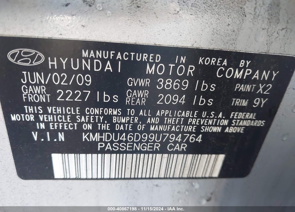 2009 HYUNDAI ELANTRA GLS VIN: KMHDU46D99U794764