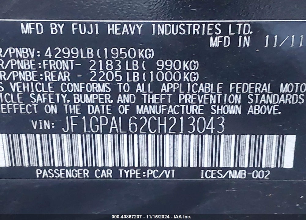 2012 SUBARU IMPREZA VIN: JF1GPAL62CH213043