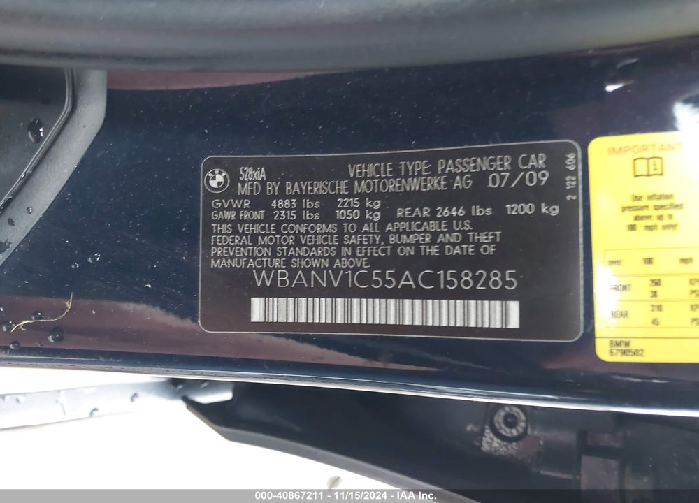 2010 BMW 528I XDRIVE VIN: WBANV1C55AC158285