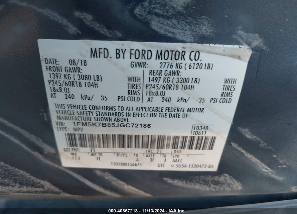 2018 FORD EXPLORER VIN: 1FM5K7B85JGC72186