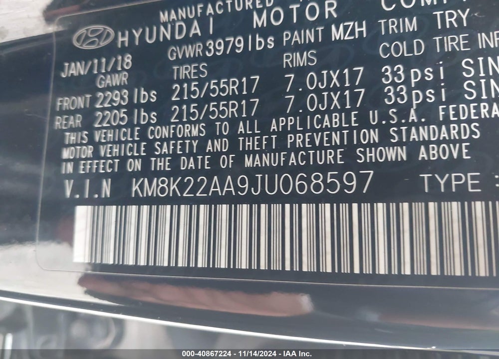 2018 HYUNDAI KONA SEL VIN: KM8K22AA9JU068597