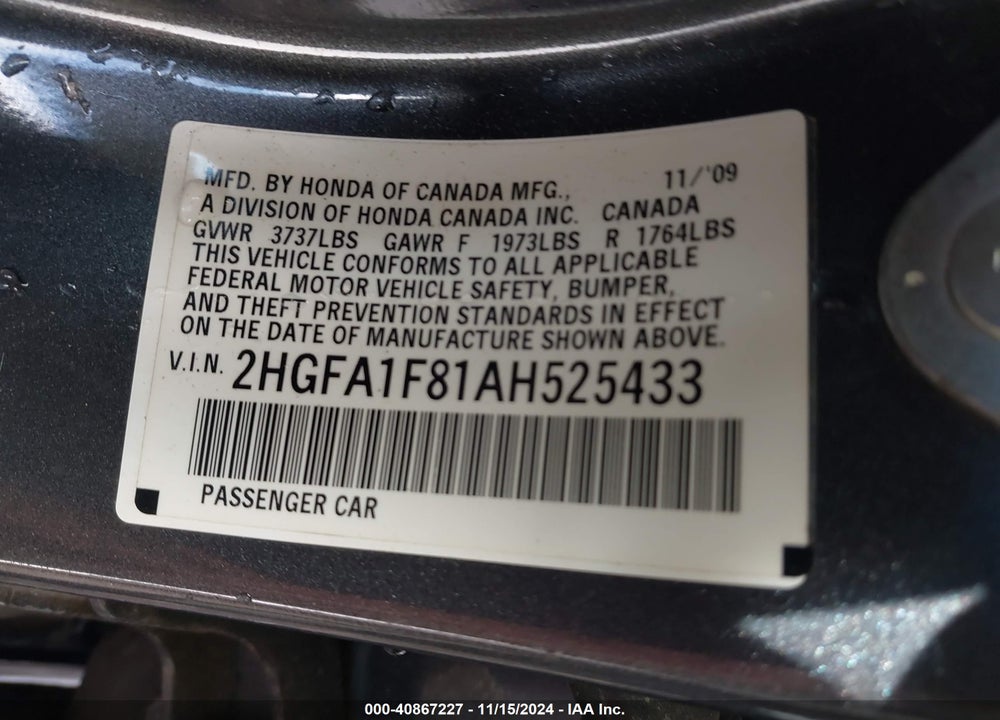 2010 HONDA CIVIC EX VIN: 2HGFA1F81AH525433