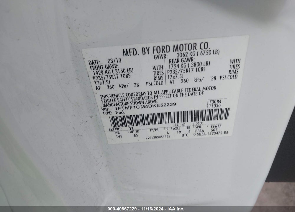 2013 FORD F-150 XL VIN: 1FTMF1CM4DKE52239