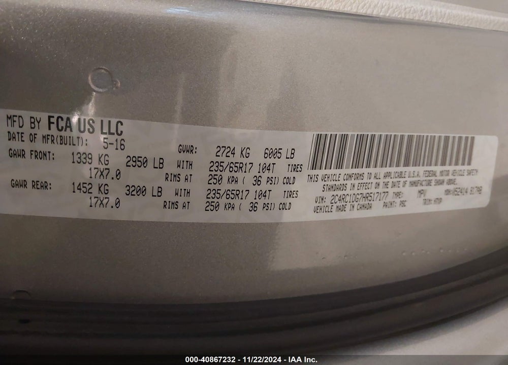 2017 CHRYSLER PACIFICA TOURING VIN: 2C4RC1DG7HR517177