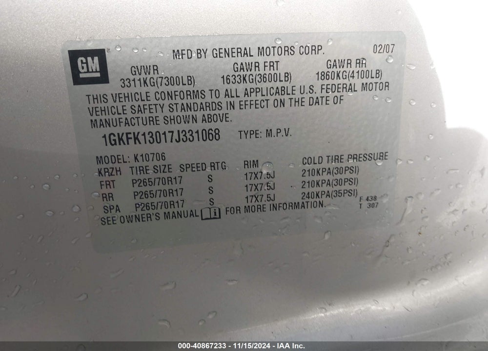 2007 GMC YUKON VIN: 1GKFK13017J331068