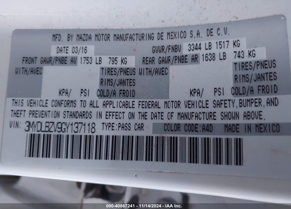 2016 SCION IA VIN: 3MYDLBZV9GY137118