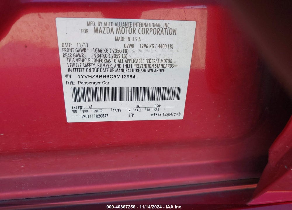2012 MAZDA 6 I SPORT VIN: 1YVHZ8BH6C5M12984