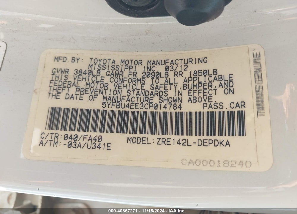 2012 TOYOTA COROLLA VIN: 5YFBU4EE3CP014784
