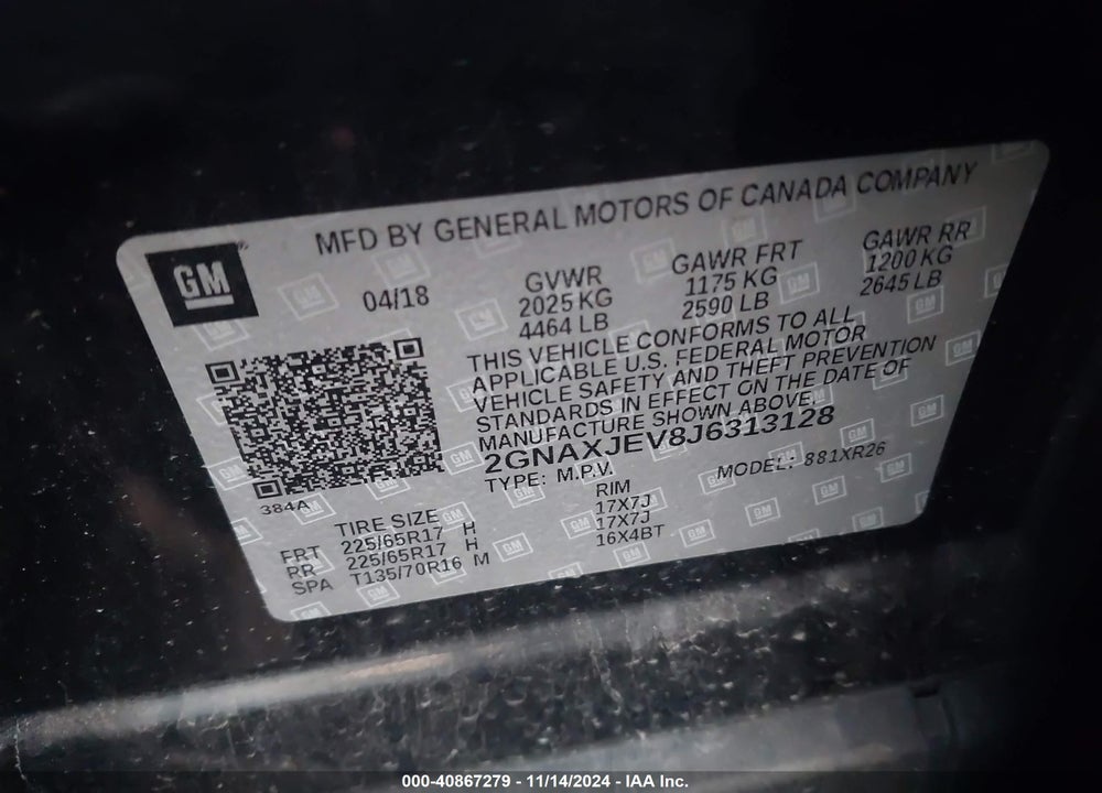 2018 CHEVROLET EQUINOX LT VIN: 2GNAXJEV8J6313128