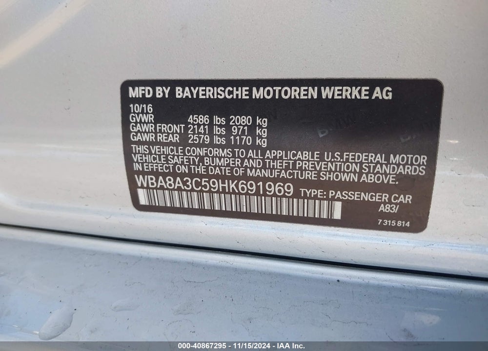 2017 BMW 320I XDRIVE VIN: WBA8A3C59HK691969