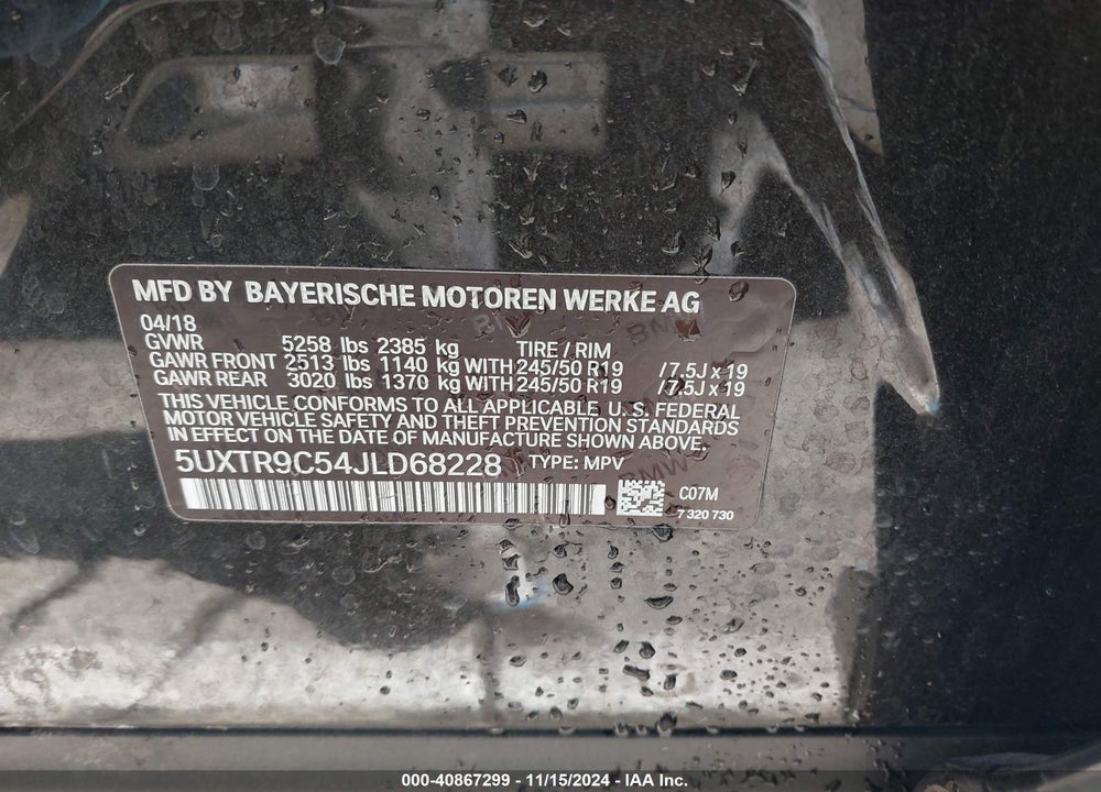 2018 BMW X3 XDRIVE30I VIN: 5UXTR9C54JLD68228