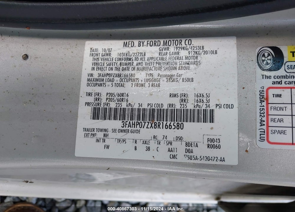 2008 FORD FUSION SE VIN: 3FAHP07ZX8R166580