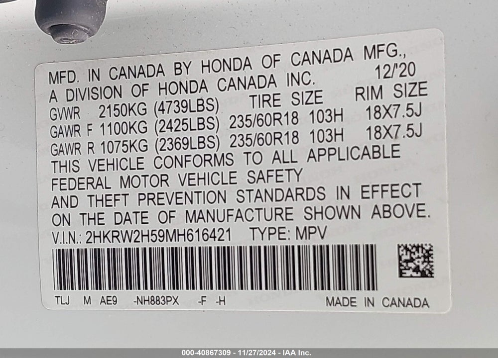 2021 HONDA CR-V AWD EX VIN: 2HKRW2H59MH616421