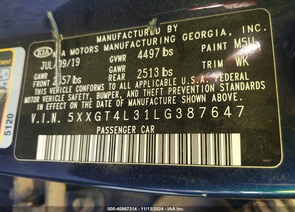 2020 KIA OPTIMA LX VIN: 5XXGT4L31LG387647