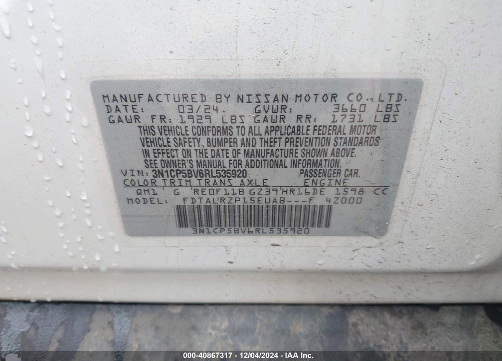 2024 NISSAN KICKS S XTRONIC CVT VIN: 3N1CP5BV6RL535920