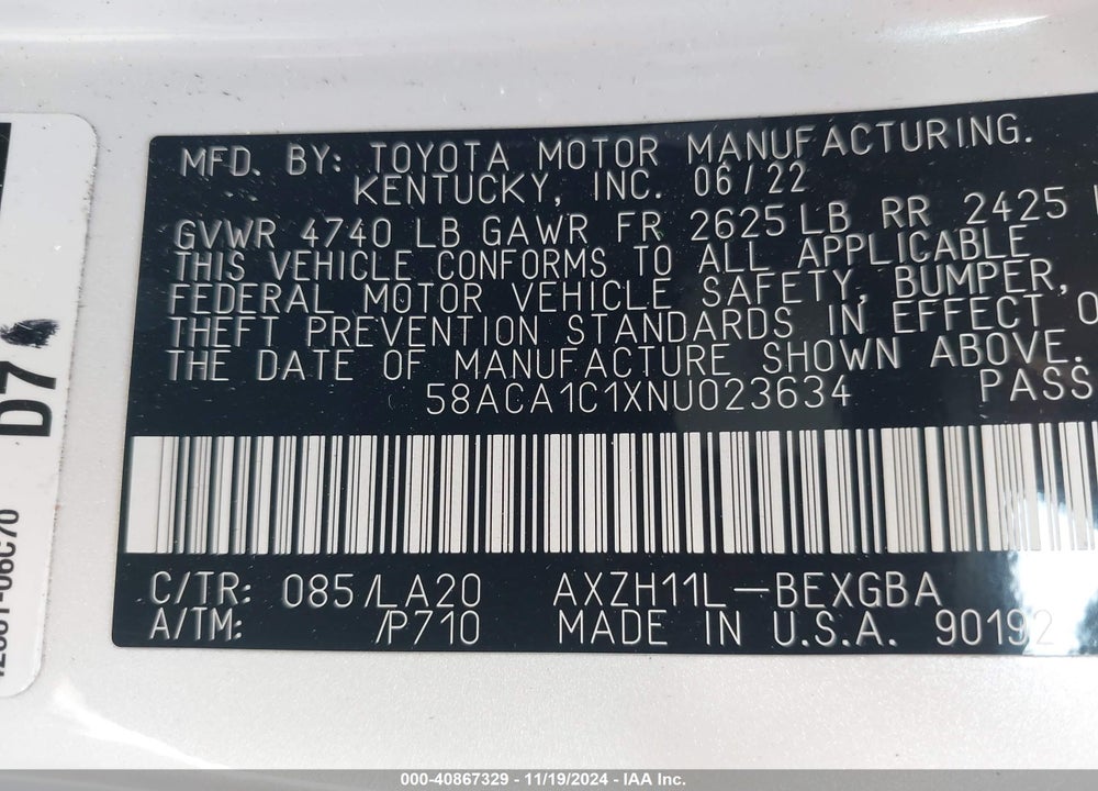 2022 LEXUS ES 300H VIN: 58ACA1C1XNU023634