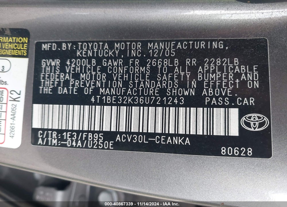 2006 TOYOTA CAMRY LE VIN: 4T1BE32K36U721243