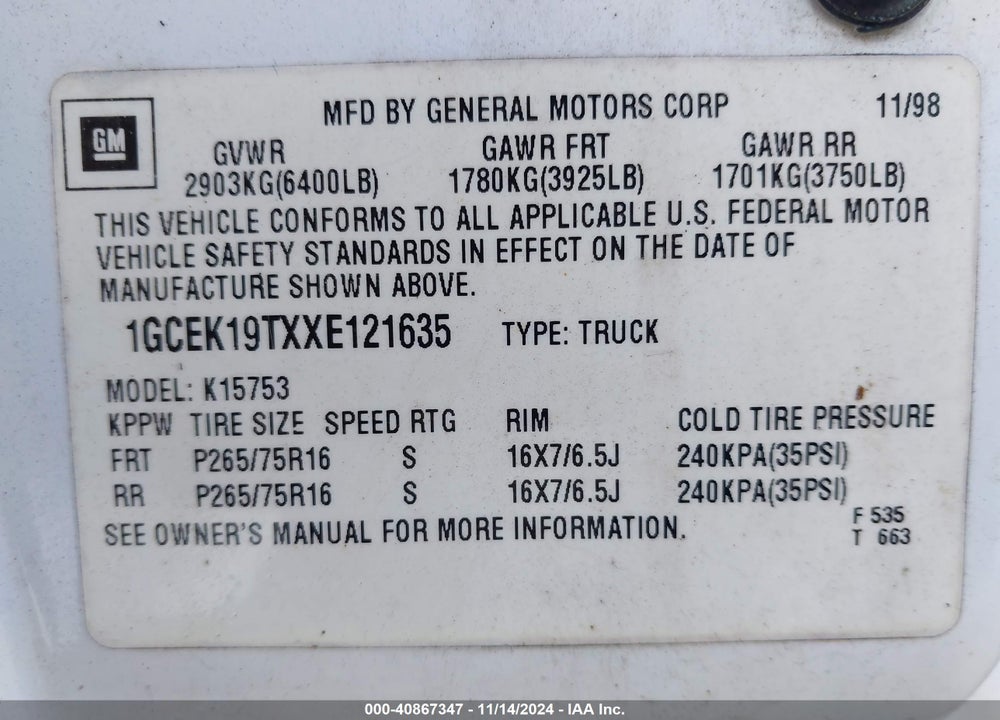 1999 CHEVROLET SILVERADO 1500 LS VIN: 1GCEK19TXXE121635