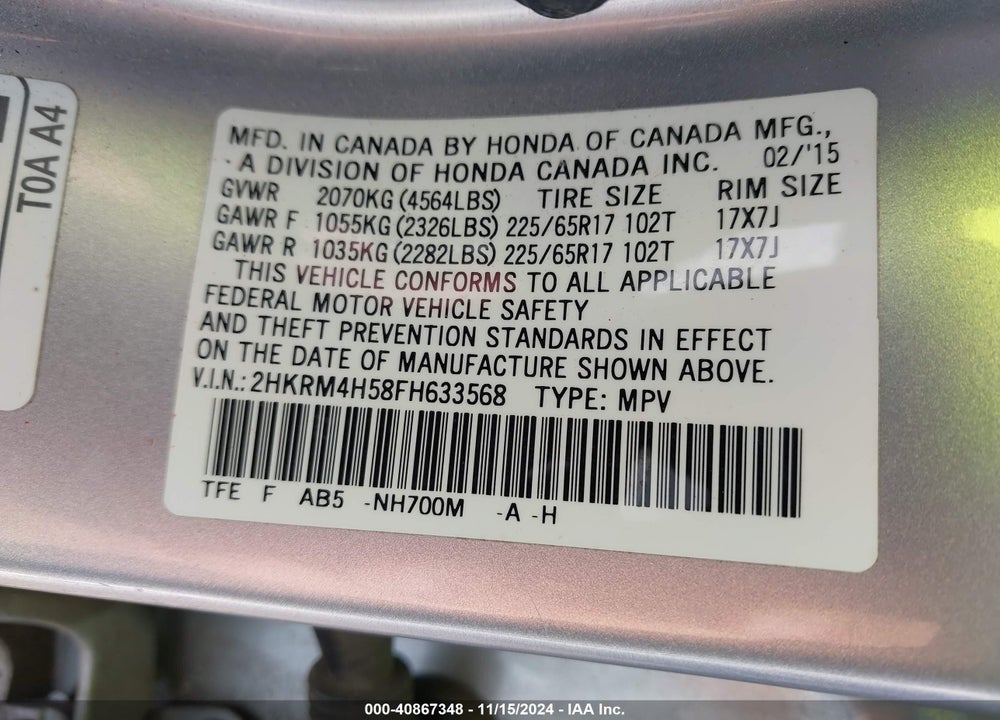 2015 HONDA CR-V EX VIN: 2HKRM4H58FH633568