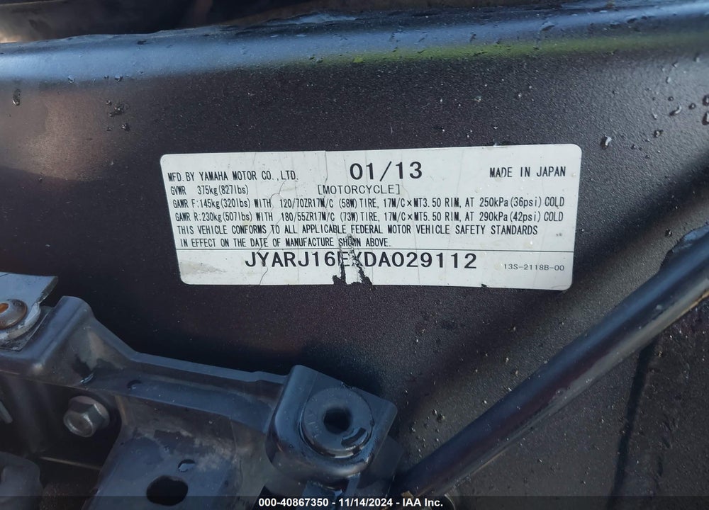 2013 YAMAHA YZFR6 VIN: JYARJ16EXDA029112