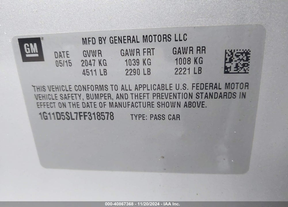 2015 CHEVROLET MALIBU 2LT VIN: 1G11D5SL7FF318578