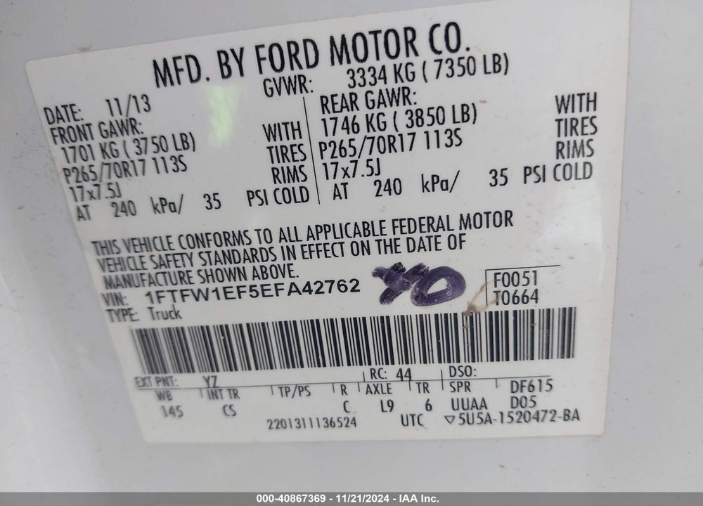 2014 FORD F-150 XL VIN: 1FTFW1EF5EFA42762
