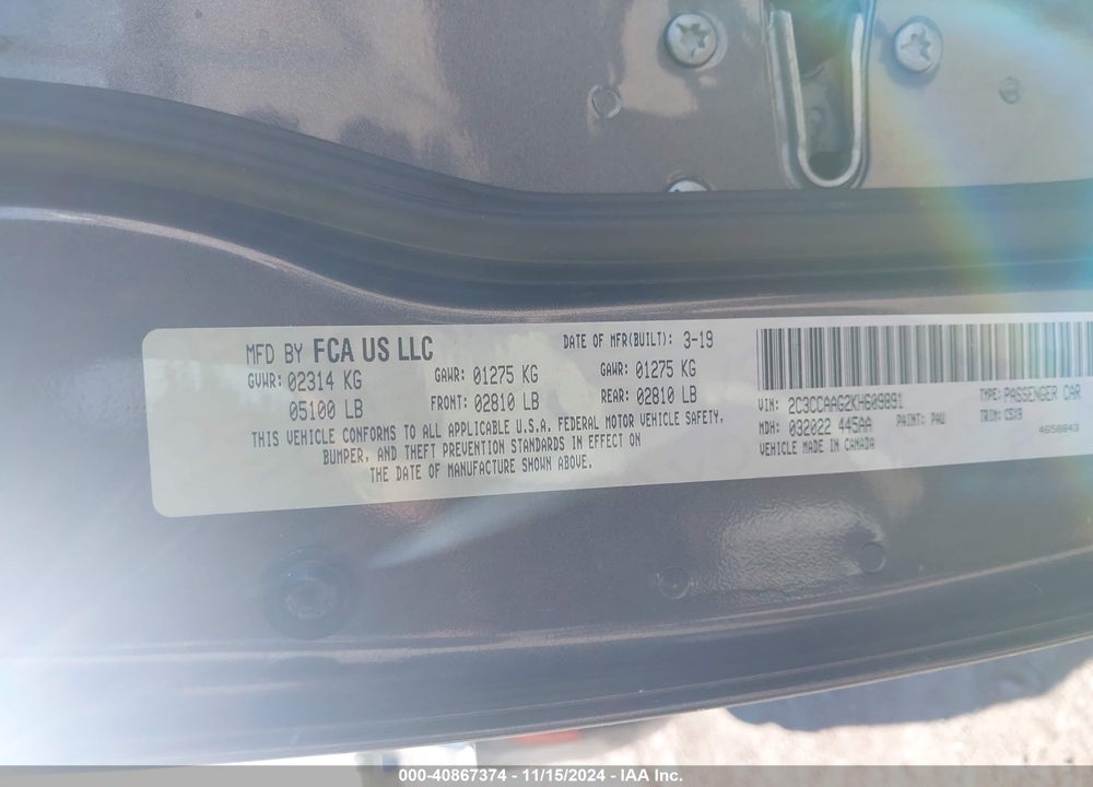 2019 CHRYSLER 300 TOURING VIN: 2C3CCAAG2KH609891