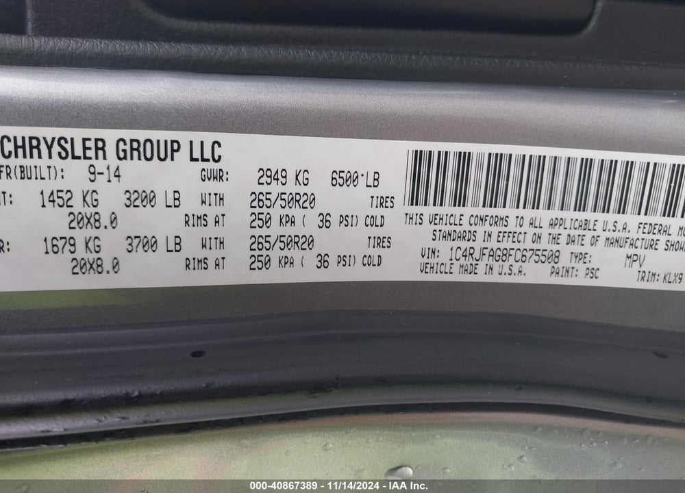 2015 JEEP GRAND CHEROKEE ALTITUDE VIN: 1C4RJFAG8FC675508