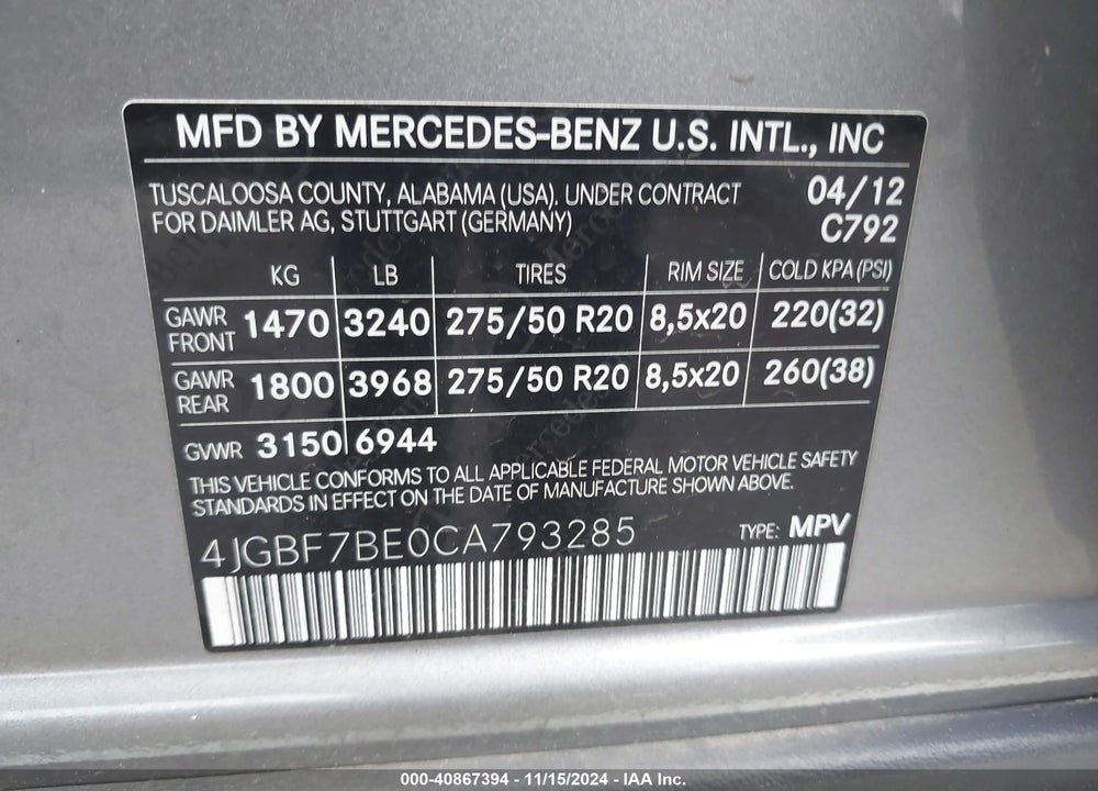 2012 MERCEDES-BENZ GL 450 4MATIC VIN: 4JGBF7BE0CA793285