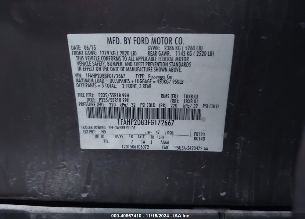 2015 FORD TAURUS SE VIN: 1FAHP2D83FG172667