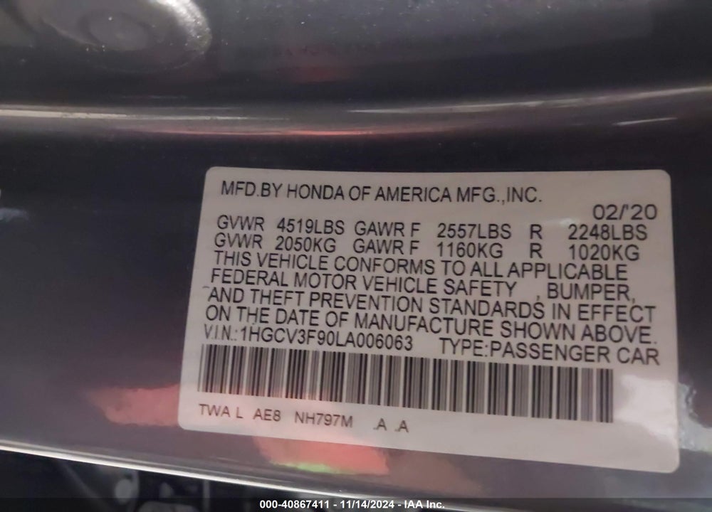 2020 HONDA ACCORD HYBRID TOURING VIN: 1HGCV3F90LA006063