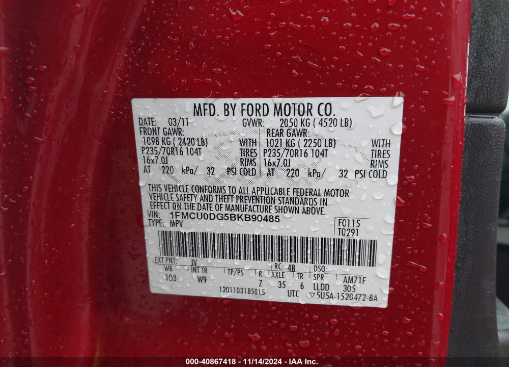 2011 FORD ESCAPE XLT VIN: 1FMCU0DG5BKB90485