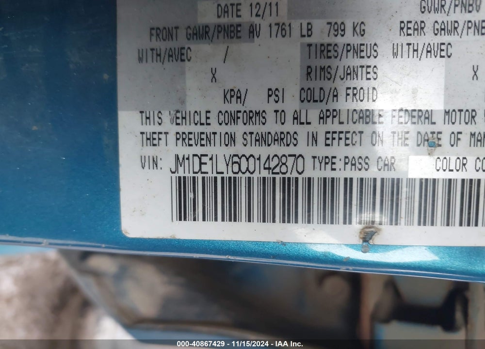 2012 MAZDA 2 TOURING VIN: JM1DE1LY6C0142870