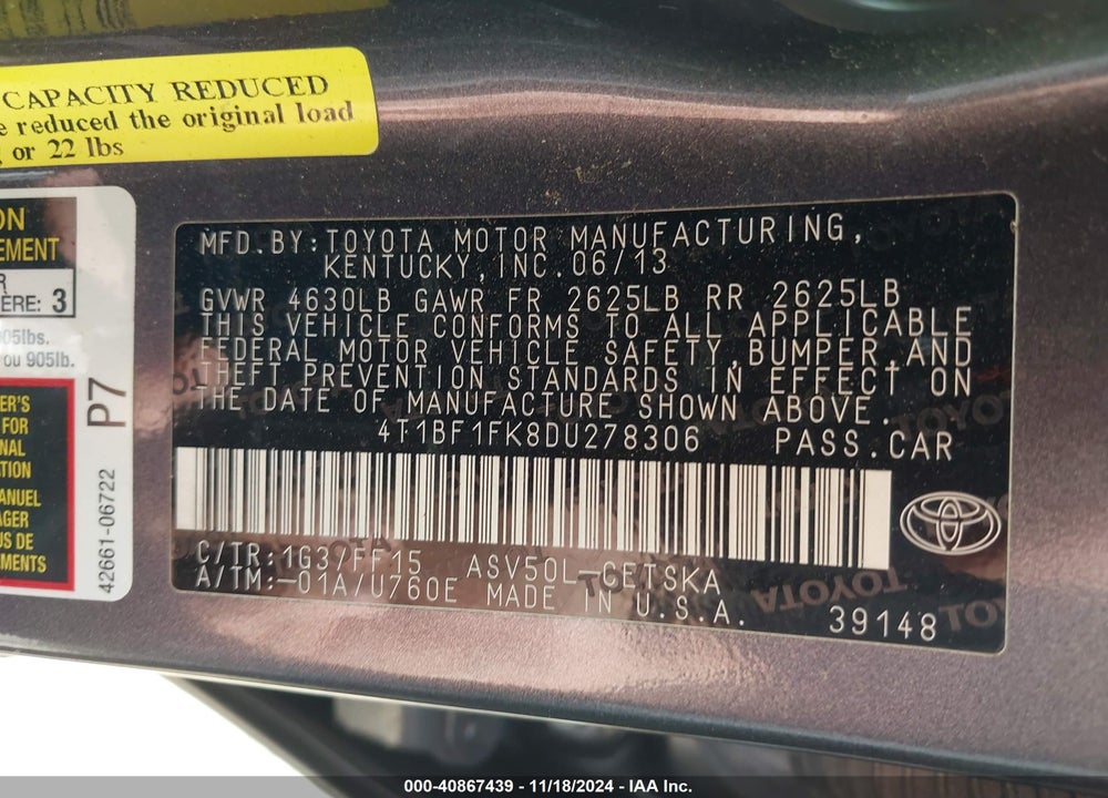 2013 TOYOTA CAMRY SE VIN: 4T1BF1FK8DU278306