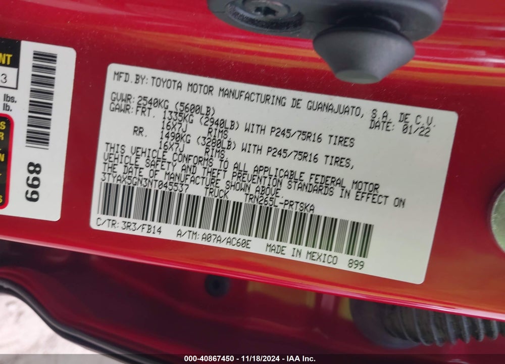 2022 TOYOTA TACOMA SR VIN: 3TYAX5GN3NT045537