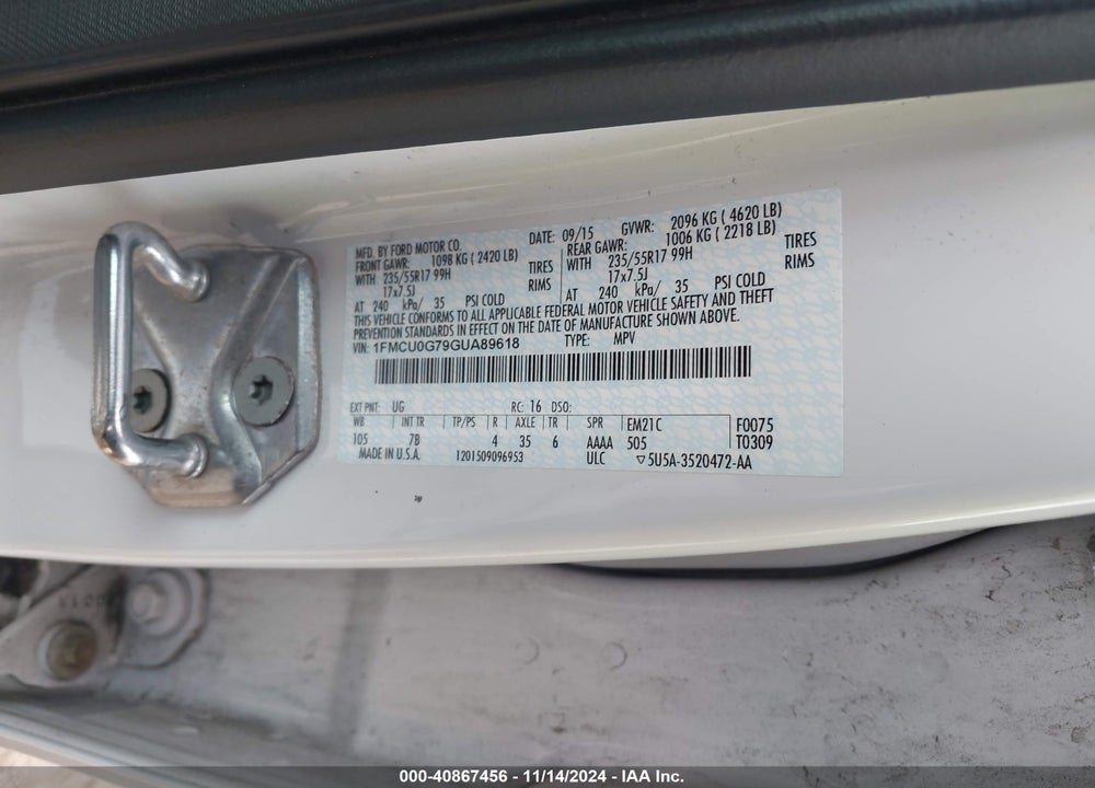 2016 FORD ESCAPE SE VIN: 1FMCU0G79GUA89618