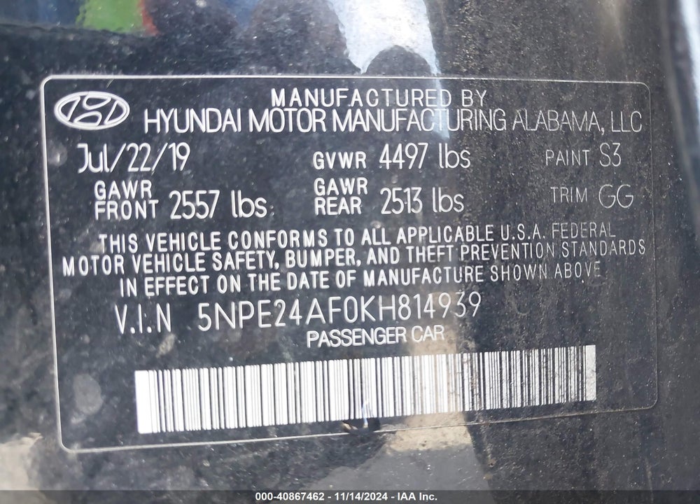2019 HYUNDAI SONATA VIN: 5NPE24AF0KH814939