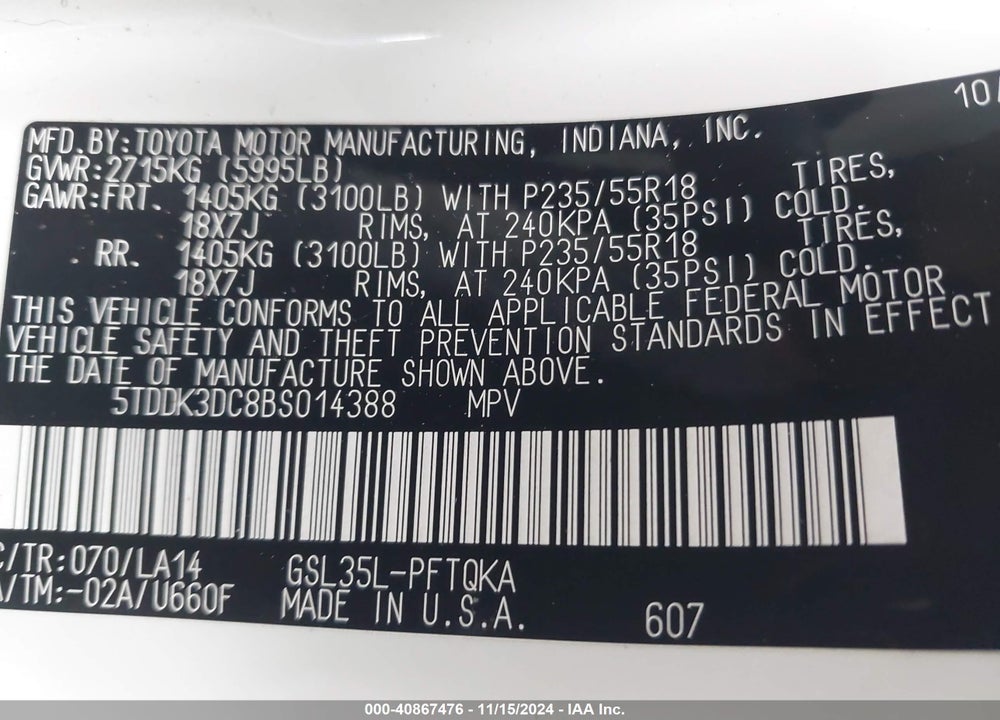 2011 TOYOTA SIENNA XLE LIMITED VIN: 5TDDK3DC8BS014388