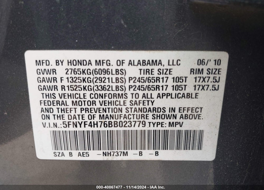 2011 HONDA PILOT EX-L VIN: 5FNYF4H76BB023779