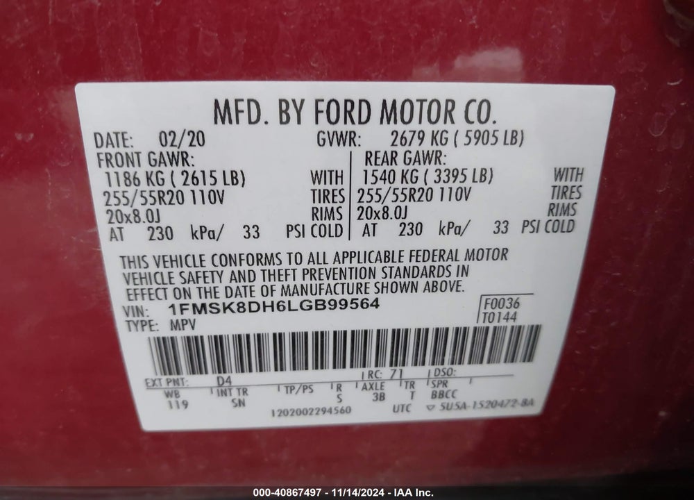 2020 FORD EXPLORER XLT VIN: 1FMSK8DH6LGB99564