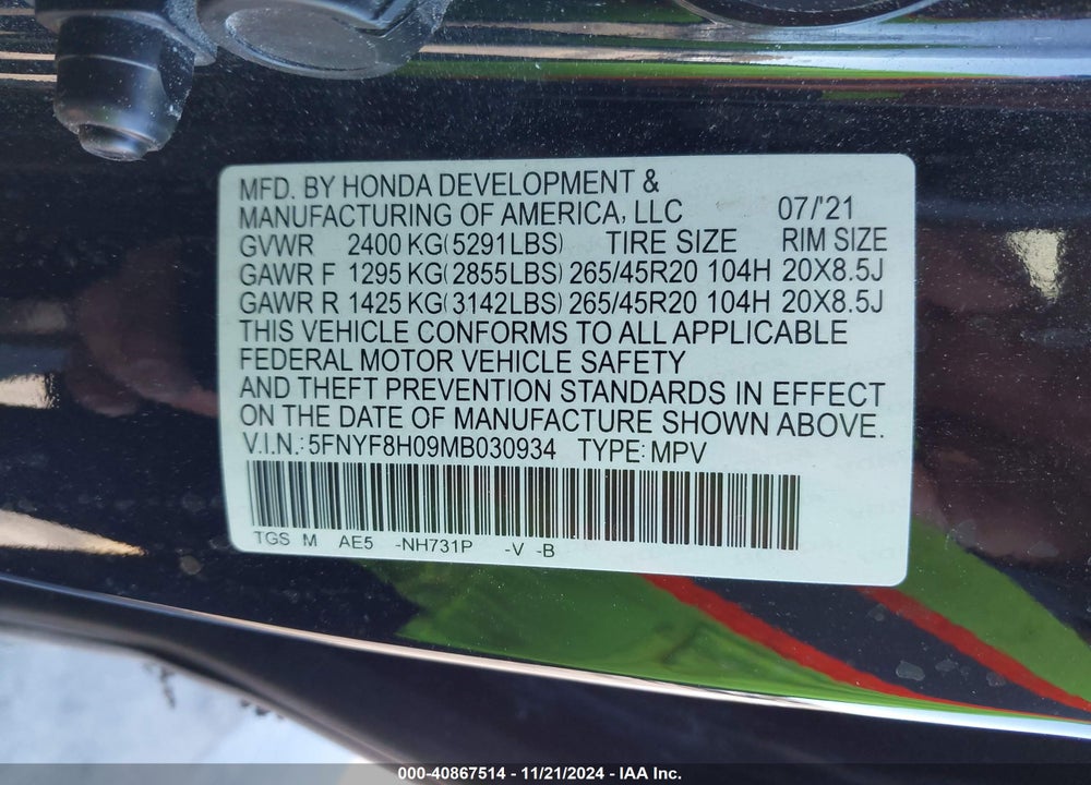 2021 HONDA PASSPORT AWD ELITE VIN: 5FNYF8H09MB030934